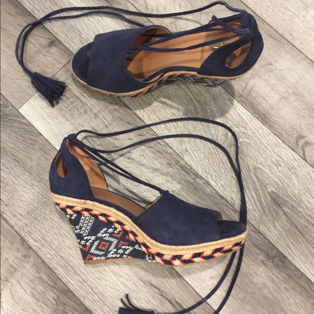 CAbi Navy Blue Suede Espadrille Wedge Sandals